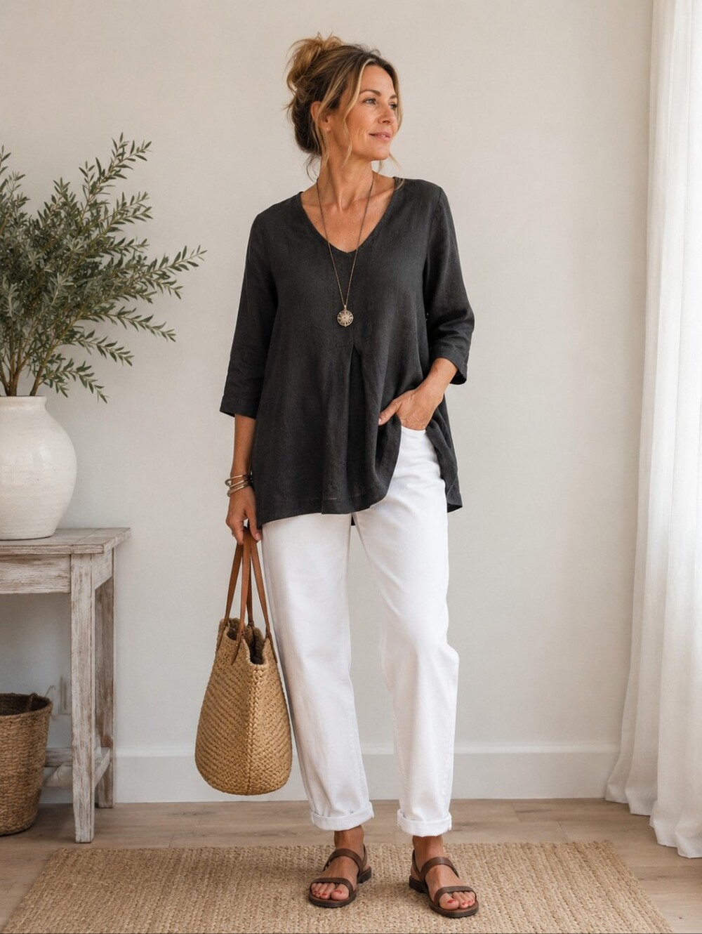 FLAX 100% Linen Tunic Top Women S Black Relaxed Boho Minimalist Artisan